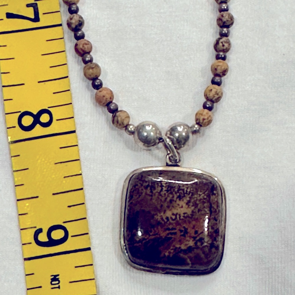 Brown stone and silver bead necklace with square brown stone pendant